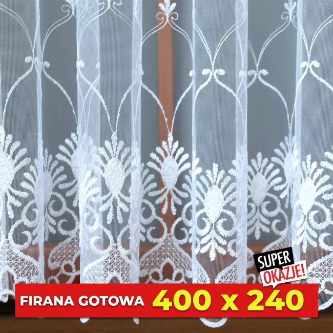 Firana gotowa 400cm x 240cm  - Długa z jednym pasem na dole - na karnisz od 160 do 260cm